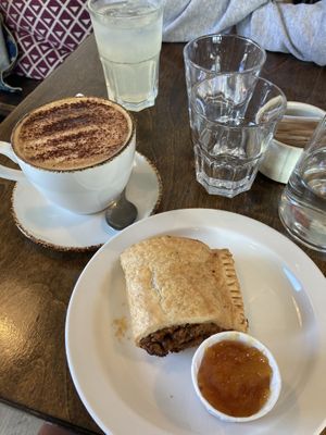 Sausage roll and a cappuccino   at Builin Blasta Teo in Spiddal