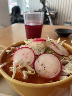 Close up to the pozole, with fresh ingredients like lettuce and radishes  #Veganuary at VegeTaco - Parque San Andrés in Mexico City