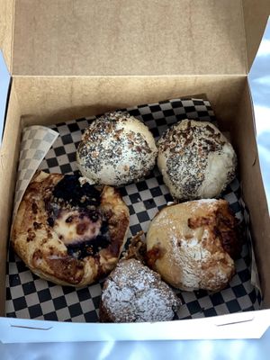 Breakfast rolls, blueberry danish and scone, pizza roll at Timeless Coffee Roasters and Bakery in Berkeley