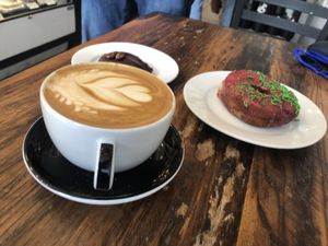 Oat milk lattes and a blueberry donut  at Timeless Coffee Roasters and Bakery in Berkeley