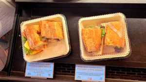 Sandwiches using Koji Meats, a local Berkeley brand of plant based meats at Timeless Coffee Roasters and Bakery in Berkeley