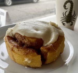 Cinnamon roll with orange zest icing   at Timeless Coffee Roasters and Bakery in Berkeley