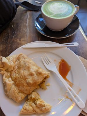 Savory empanada and matcha latte at Timeless Coffee Roasters and Bakery in Berkeley