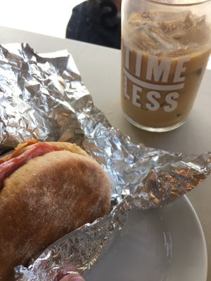 Breakfast sandwich and iced oat milk latte!  at Timeless Coffee Roasters and Bakery in Berkeley