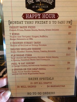 Receipt from our first, not so good meal. their happy hour menu, also from our first visit during the lunch hour. Service was no better at lunch then it was at the dinner hour at The Taphouse at Nye Creek in Newport
