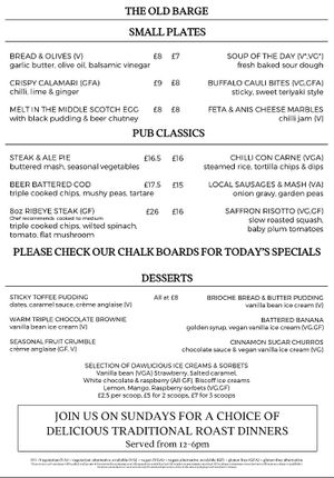 Winter menu 2023/24 at The Old Barge in Hertford