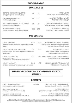 Main menu 2024 at The Old Barge in Hertford
