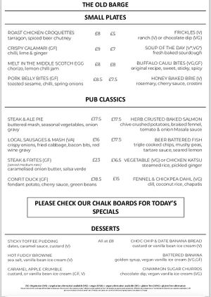 Winter menu 24/25 at The Old Barge in Hertford