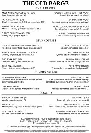 Summer menu 2025 at The Old Barge in Hertford