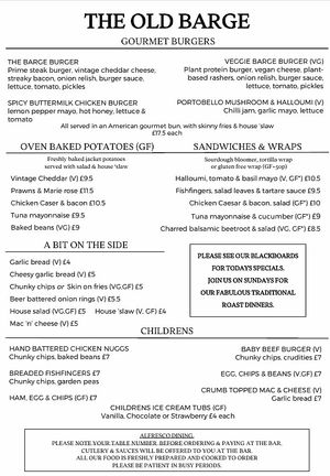 Summer menu 2025 at The Old Barge in Hertford