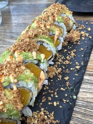 Fabulous! Veggie Tiger Roll had tempura pumpkin, asparagus, and avocado topped with crispy walnut.   at Oh Baby Sushi in Redwood City