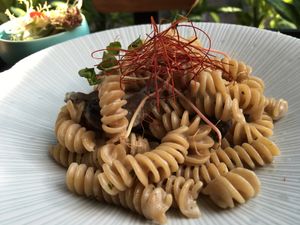 Whole Wheat Fusilli w/ Handmade Tofu Sauce & Mushrooms at Naturalead in Kowloon