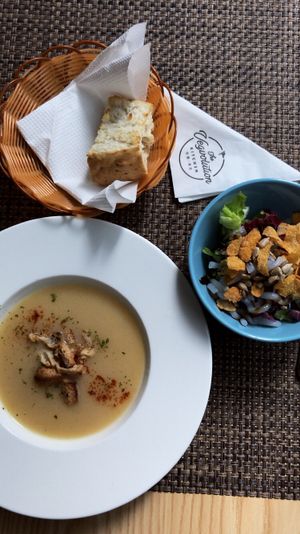 Soup of the day and salad  at The Vegvolution Kitchen in Hong Kong Island