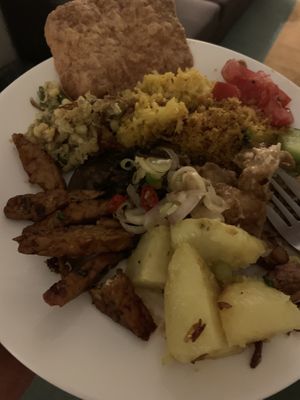 a plate full of their famous vegan lockdown box  at Warung Agus Balinese Cuisine in West Melbourne