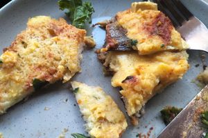 Garlic bread & pizza toastie w eggplant, fried tofu, potato cheese & marinara sauce! at Grown in West End