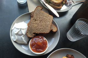 Seasonal fruit bread w preserves & cream! at Grown in West End