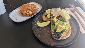 Avo on toast with a side of hashbrown at Grown in West End