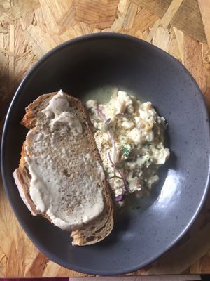 OMG!!!! Delicious!!! scrambled tofu with mushrooms and cashew cheese! LOVE! at Grown in West End