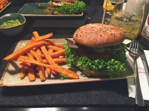 burger & shared fries! at Hans im Glück in Muenster