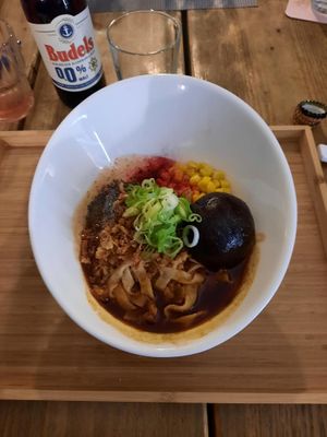 Pre mixing the ramen (you have to stir them around before eating) at Men Impossible in Amsterdam