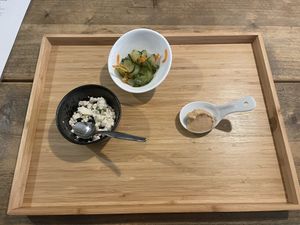 The starter. Tofu with fresh wasabi. Pickled vegetables. Cashew cream. at Men Impossible in Amsterdam