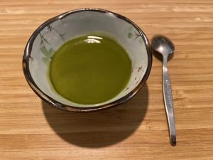 Matcha pudding for dessert: sweet and matcha taste.  at Men Impossible in Amsterdam