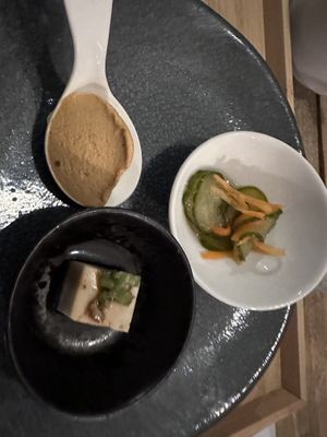 Starter (cashew mousse, pickled veggies and sesame tofu)  at Men Impossible in Amsterdam