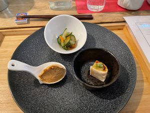 Cold starters: Sesame tofu, Cashew mousse and cucumber pickles  at Men Impossible in Amsterdam