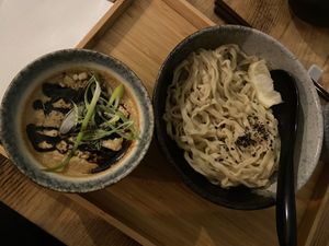 Main course: black burnt garlic with dipping noodles. We also tried it with spicy sauce, which was also good but too spicy for me.  at Men Impossible in Amsterdam
