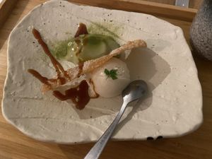 Dessert: tofu ice-cream and matcha pudding with noodle crisp. Very good!  at Men Impossible in Amsterdam