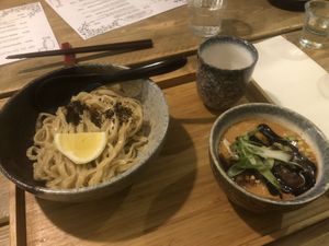 Black garlic dipping noodles  at Men Impossible in Amsterdam