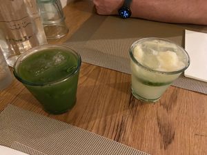 Matcha sake mojito (decent) and yuzu sake spritzer (quite tasty). It was expensive for such small and weak cocktails though. at Men Impossible in Amsterdam