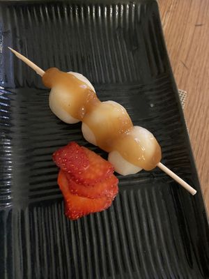 Dango: not my thing. It’s sticky rice balls with a savoury sauce  at Men Impossible in Amsterdam