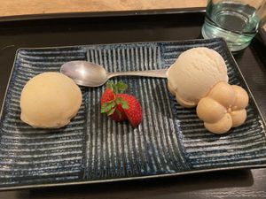 Dessert with yuzu sorbet and soy vanilla ice-cream  at Men Impossible in Amsterdam
