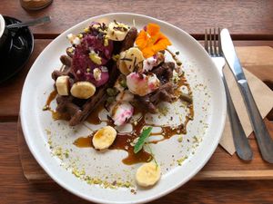 Mind-blowingly delicious vegan waffles  at The Front Room Cafe in Hervey Bay