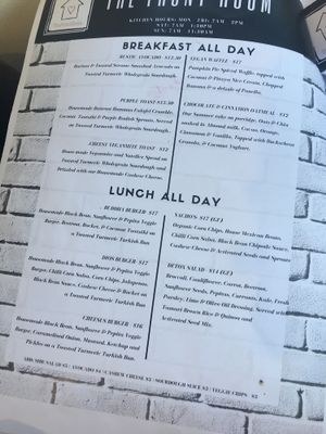 Menu at The Front Room Cafe in Hervey Bay