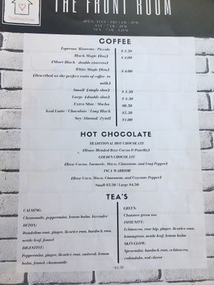 Menu at The Front Room Cafe in Hervey Bay
