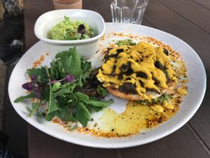 Magic Mushroom dish, with added avo and vegan cashew cheese at The Front Room Cafe in Hervey Bay