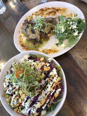 Salad bowl and mushroom on toast at The Front Room Cafe in Hervey Bay