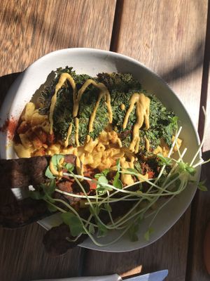 The Mac daddy - super delicious all the sauces,tempeh and kale just added that extra flavour.  at The Front Room Cafe in Hervey Bay