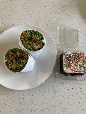 “Take Me on Tour” wrap and chocolate cake  at Plum Chopped in Seattle
