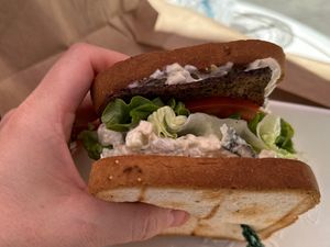 Vegan tuna bacon Sammie on GF bread  at Plum Chopped in Seattle