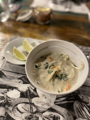 Lightly spiced rich coconut broth at Gauthier Soho in London