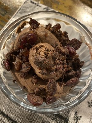 Dark chocolate mousse with cookie crumb and sultanas at Gauthier Soho in London