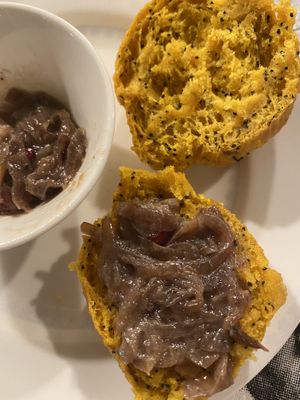 Herb brioche with onion and pomegranate marmalade at Gauthier Soho in London