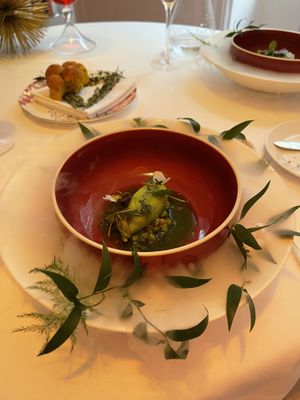 Pea broth and pea sorbet at Gauthier Soho in London