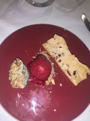 Herb cheese, tangy blackcurrant sorbet, sweet rusk on mousse at Gauthier Soho in London