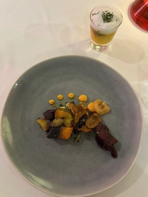 Carrot dish with carrot frothy drink - summer 22   at Gauthier Soho in London