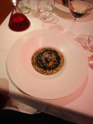 Butternut squash risotto from the petit diner” menu. Choose the wine pairing for the full experience    at Gauthier Soho in London