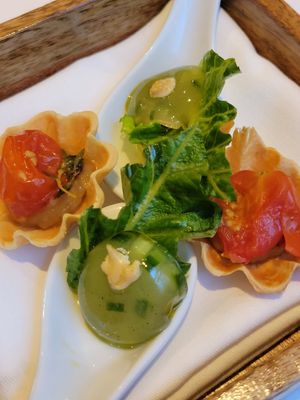 Canapés- Selection of Crudités, Tahini Sauce, Preserved Lemon Butter
Tart Pissaladière at Gauthier Soho in London